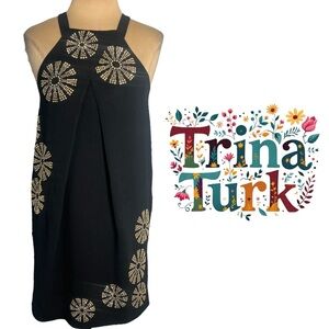 Trina Turk Black retro mod mini dress with gold starburst embellishments Size 4